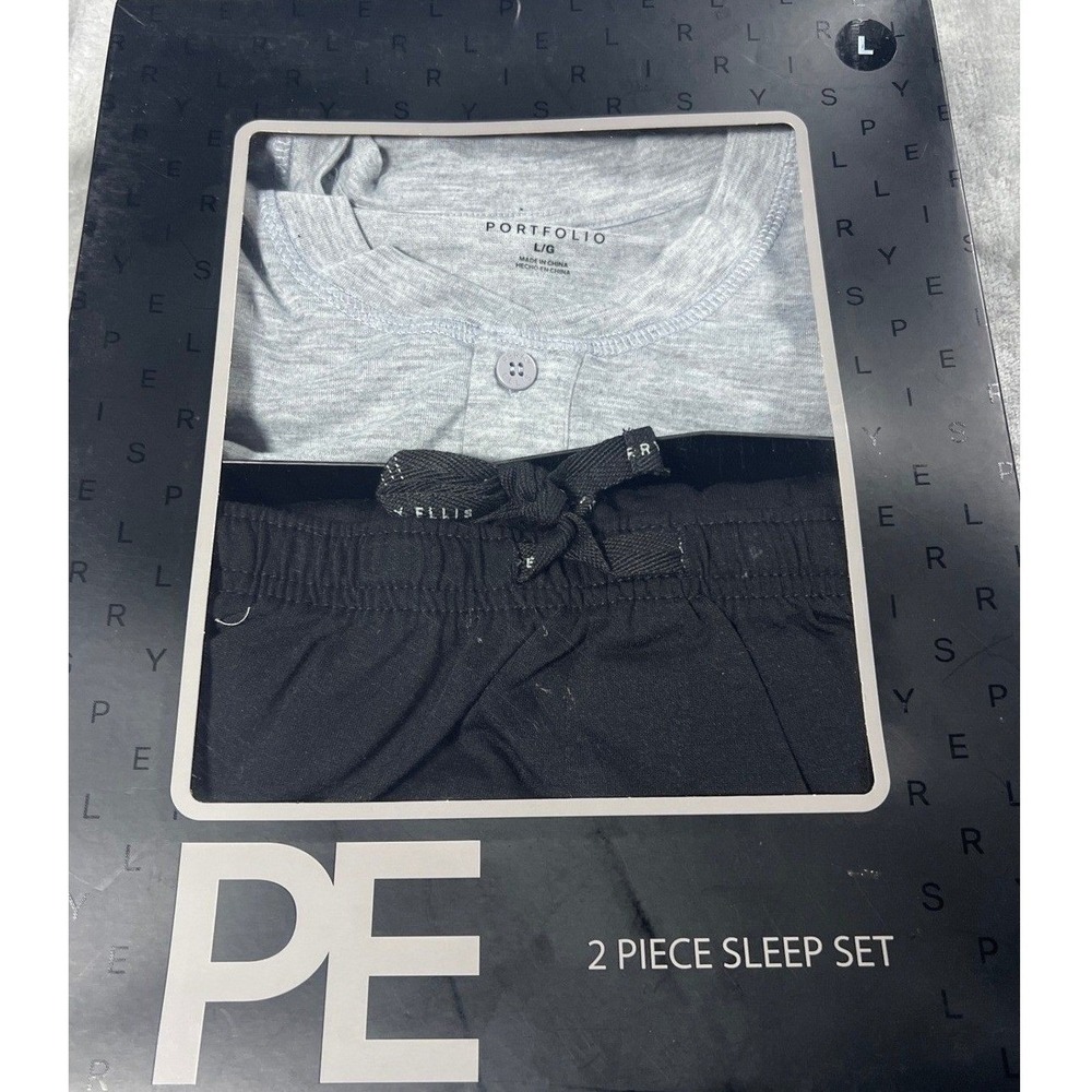 Perry Ellis Portfolio Mens 2 Piece Sleep Set Grey Henley Top Black Pants L NWT